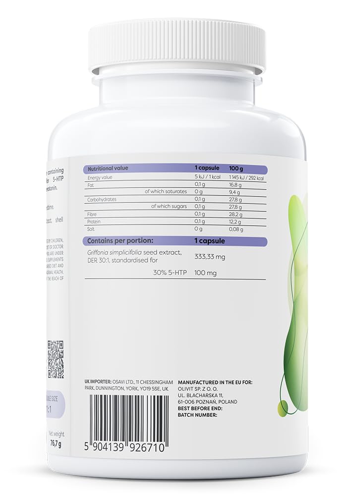 Osavi 5-HTP 100 mg – 200 Gélules Végétales | Extrait de graines de Griffonia simplicifolia | Standardisé à 30% 5-Hydroxytryptophane | Précurseur naturel de la sérotonine | Clean Label