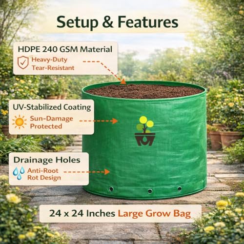 Image of MASHKI HDPE Grow Bags for Home, Terrace & Balcony Gardening - Big Size Vegetable Plant Grow Bags (15x15, 18 inchx18 inch & 24 inchx24 inch - Heavy Duty, UV Stabilized) (1, 24x24 Inches)