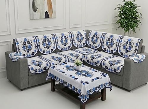 Image of Fab Nation Sofa Cover L Shape 7 Seater with Corner L Type Fully Covered Sofa Set for Living Room | Cotton Sofa Slipcovers for 4 + 3 Seaters Cover with 2 Arms + 1 Table Cover | Blue