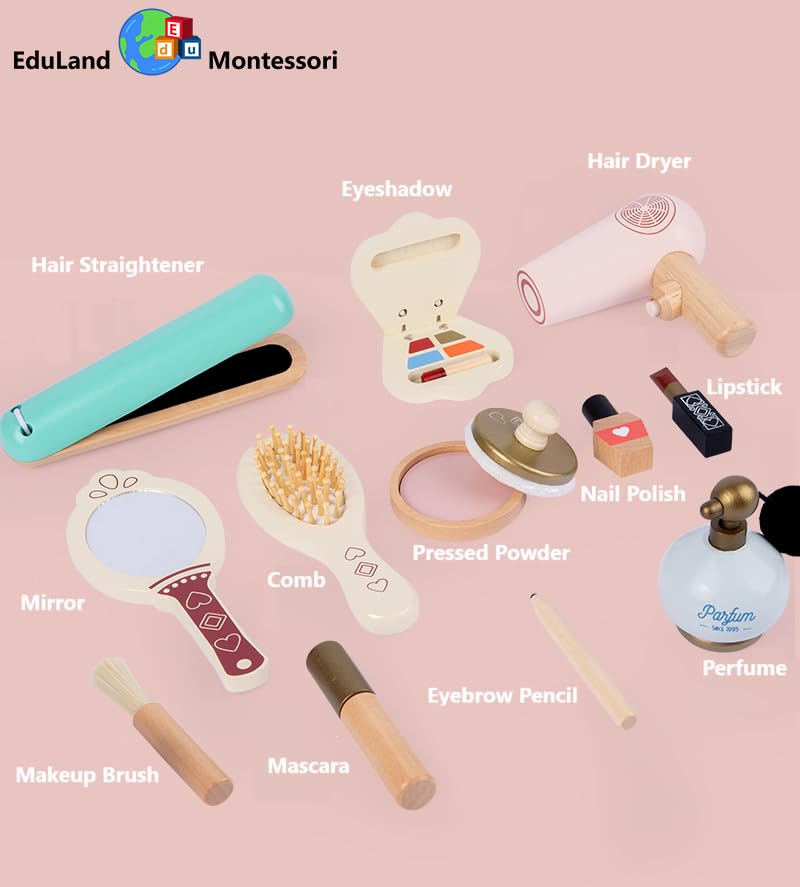 EduLand Montessori Practical Life Care of Self Wooden Makeup Toy Set 12-Piece Girls Imaginative Dress up Pretend Play Beauty Bag Makeup Set Toy for Girls Birthday Gift Ages 3 4 5 6 7 8+ Years Old