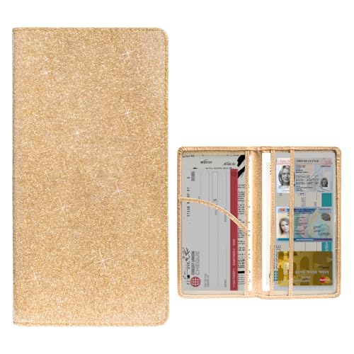 povtii Car Registration and Insurance Holder, Bling PU Leather Vehicle Card Document Glove Box Organizer, Waterproof License Registration Holder for Driver License Cards Documents (Glitter Golden)