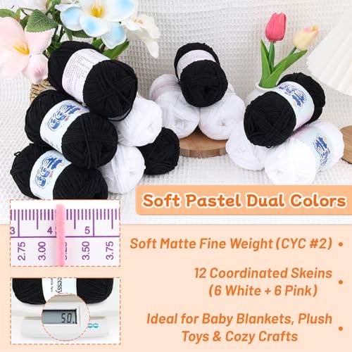 Image of Skinny Chenille Yarn Pack - 12 Skeins (6 White + 6 Black, 1.76oz /50g Each, Total 1,896yd) - Fine Weight Matte Chenille Yarn for Crocheting - Soft CYC#2 for Baby Iteams, Plush Toys & Home Decor