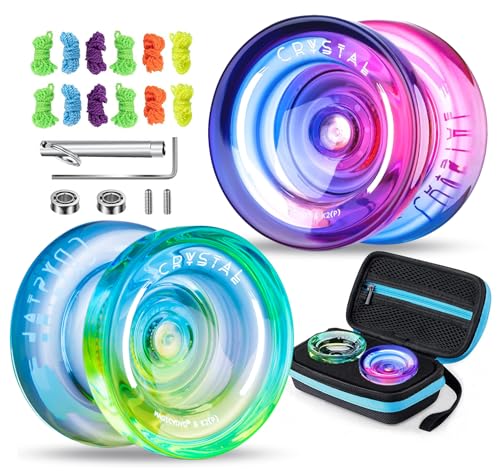 Image of MAGICYOYO Responsive & Unresponsive Yoyo K2 Crystal Blue-Yellow + Pink-Purple, Dual Purpose for Kids & Advanced Players, Polycarbonate Material, 12 Strings + 2 Bearings + Case