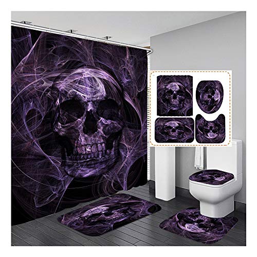 TOKYMOON 4 Stück Halloween Duschvorhang Set Halloween Duschvorhang Dekor Horror Hintergrund Badezimmer Dekor Badzubehör Set Anti-Rutsch-Dusche Teppich Wasserdichtes mit 12 Haken Roter Schädel Cover