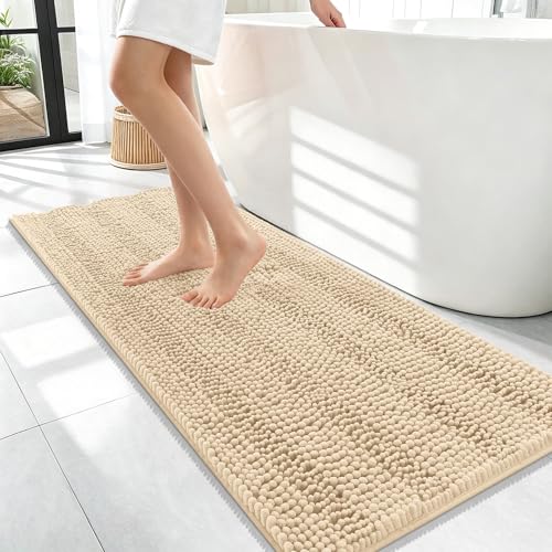 Image of OLANLY Thick Bathroom Runner Rugs 47x17, Extra Absorbent Chenille Striped Bath Rugs, Rubber Backing, Machine Wash Dry, Long Bath Mats for Bathroom Floor, Tub and Shower, Home Decor Accessories, Beige