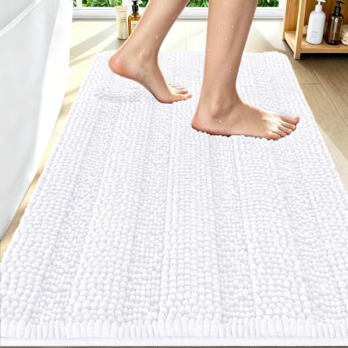 Image of Smiry Thick Chenille Bathroom Rugs 30x20, Extra Soft Absorbent Striped Bath Mat, Machine Washable, Rubber Backing, Bath Rugs for Tub & Shower, Modern Home Decor Accessories, White