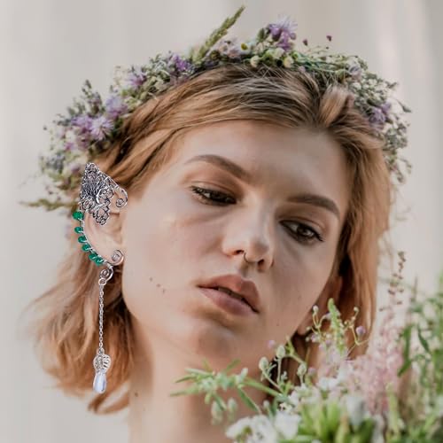 Freshme Green Elf Ear Cuffs - Handmade Fairy Tree Elf Cuffs Eardrop Elven Ear Cuffs Clips For Women Christmas Renaissance Halloween Custome Cosplay Wedding Dress Up Accessories thumb #3