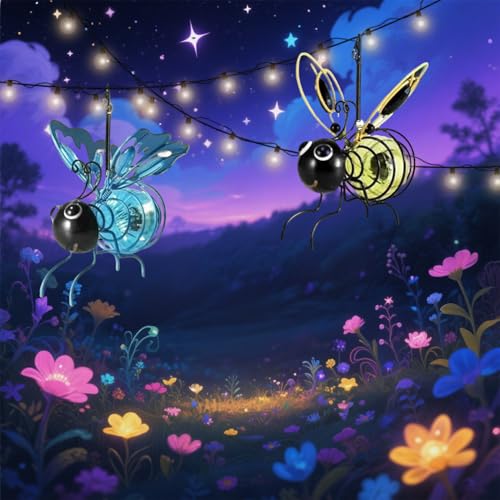 EMINGSKY Solar-Powered Hanging Bee Light, Metal LED Outside Bugs with Bouncy Springs Hanging Decor for Outside Garden Decor Backyard Balcony Porch Spring Decoration (2Pcs)