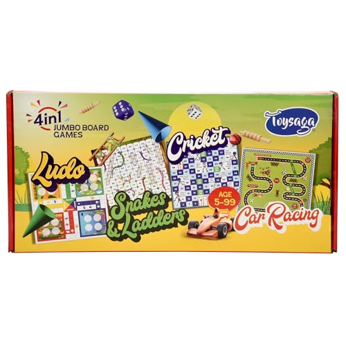 Image of Family Fun 4-in-1 Jumbo Board Game Combo | Ludo, Snakes & Ladders, Cricket & Car Racing | Indoor-Outdoor Travel Game | Best Gift for Kids, Friends & Adults