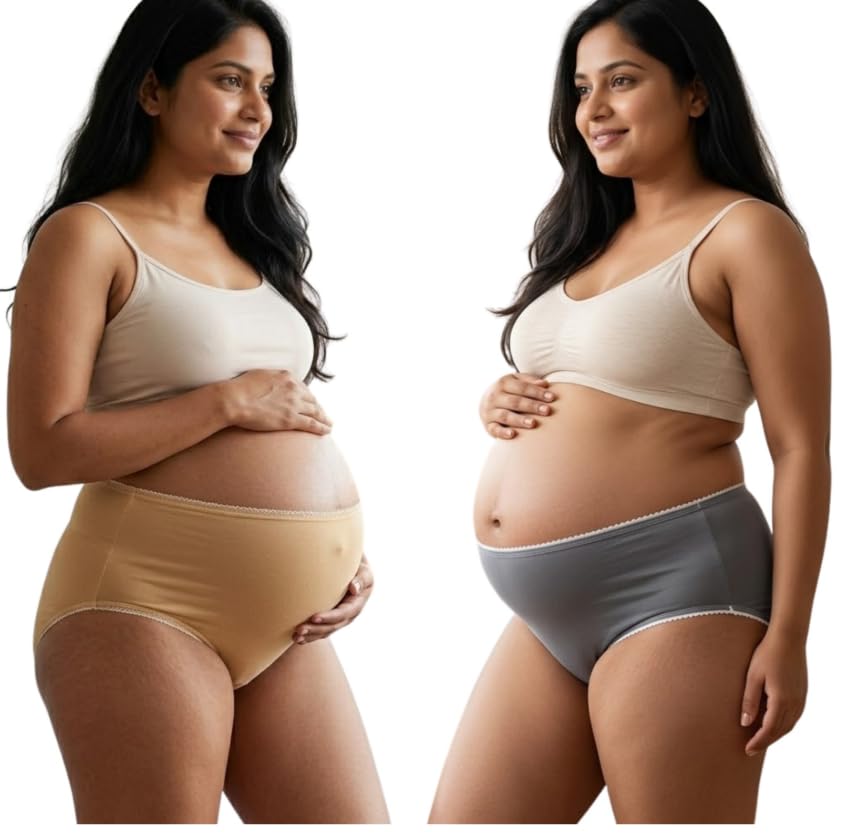 Maternity Panties for Women, High Waist Pregnancy Underwear, Beige and Grey, Pack of 2-image-37