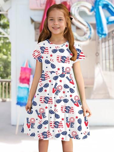 LAZYCHILD Girls 4th of July Dress Kids American Flag Dresses USA Stars Summer Dress Patriotic Party Tops 5-14 Years4