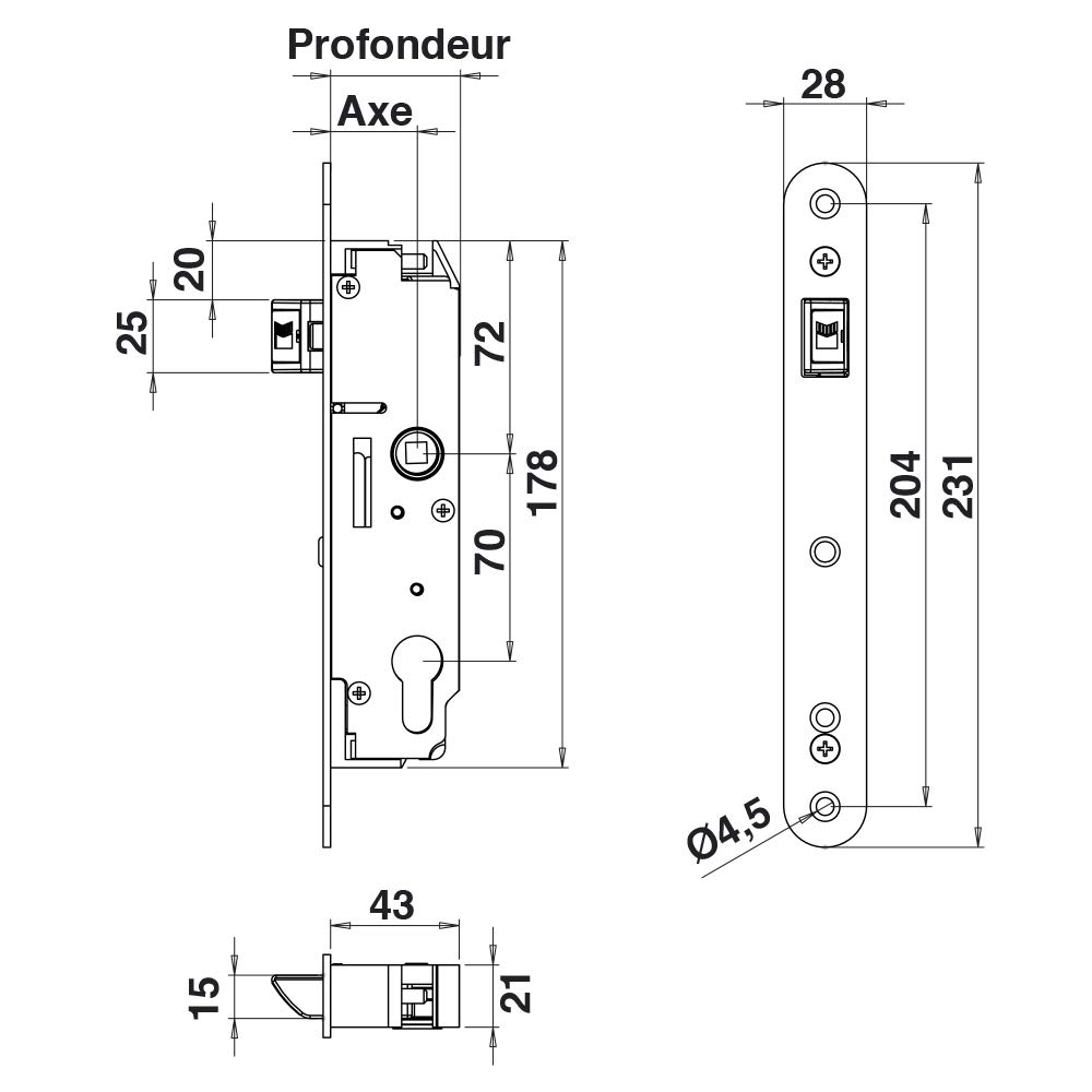 PORTAC Serrure multifonction à encastrer à réglage en façade - Carré (mm) : 8, Profondeur (mm) 55 - Axe à 40