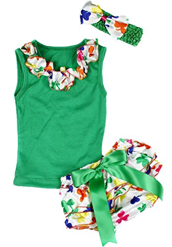 St Patrick Day Dress Lacing Green Shirt Rainbow Clover Leafs Bloomer Set 3-12m (Green)