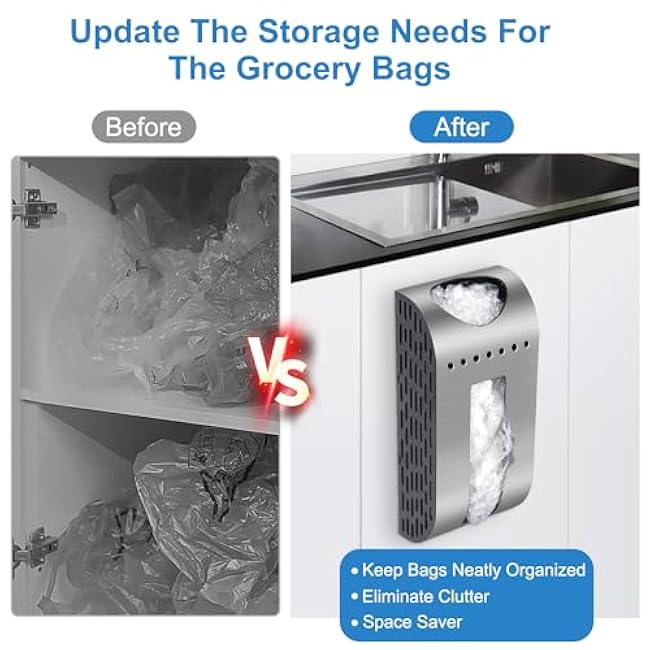 Grocery Bag Holder Wall Mount Plastic Bag Dispenser Space Saving Brushed Silver Garbage Bag Holder for Cabinet, Cupboard, Pantry, Anti-Fingerprints Design