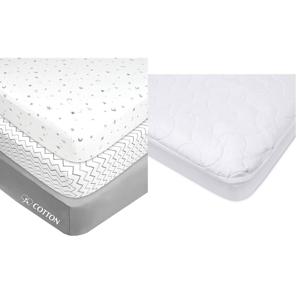 American Baby Company 3 Pack Fitted Mini Crib Sheet 24" x 38", Soft Breathable Neutral 100% Cotton & Waterproof Fitted Porta/Mini Crib Mattress Protector