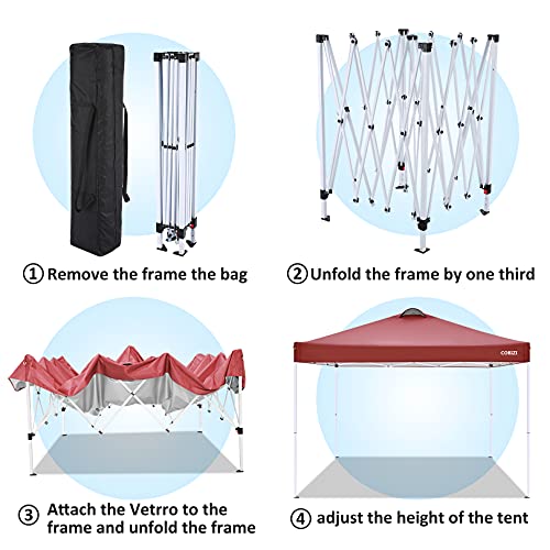 Image of COBIZI 10x10ft Pop Up Canopy Tent, Folding Garden Gazebo with 4 Sidewalls, Heavy Duty Powder-Coated Steel Frame, Waterproof Marquee for Garden, Camping, Beach and Outdoor Events, Red