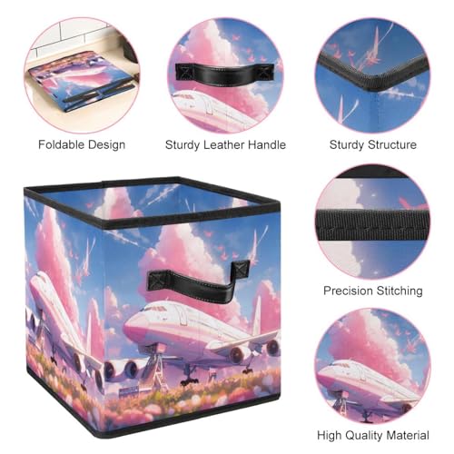 Boîte de rangement pliable motif avion rose et poignées cuir design chic