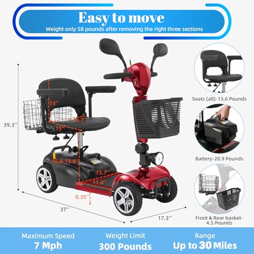30-60 Miles Ecomobi MS02 Long Range 4 Wheels Electric Mobility Scooter for Adults/Seniors, 350W E-Wheelchair Device w/25Ah Extended Battery, Dual Baskets Compact Mobile for Travel(FSA/HSA Eligible)