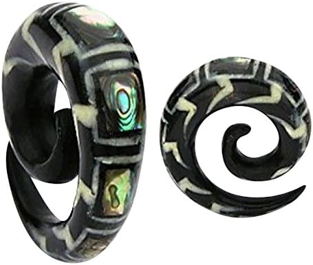 Lobal Domination PAIR of Organic Abalone Inlay Horn Spiral Tapers Plugs Gauges 2g,0g,00g (0g (8mm))