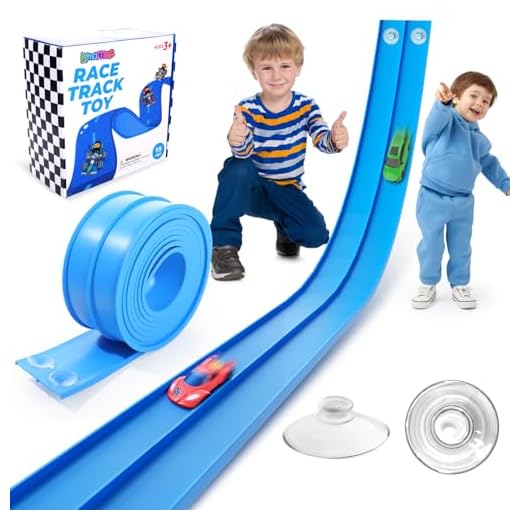 Flexible Race Track Toys for Kids: 15 Ft Flex Race Car Ramp Track with Suction Cups - Rolls Up Portable DIY Racetrack Compatible with Diecast 1/64th Cars Model - Birthday Gifts for Boys Girls Ages 3+