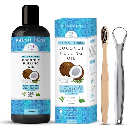 Fresh Dent Coconut Pulling Oil 200ml | Natural Teeth Whitening & Oral Detox | with Tea Tree & Mulberry Leaf Extract | Fights Bad Breath | Alcohol & Fluoride Free | Ayurvedic Oil Pulling