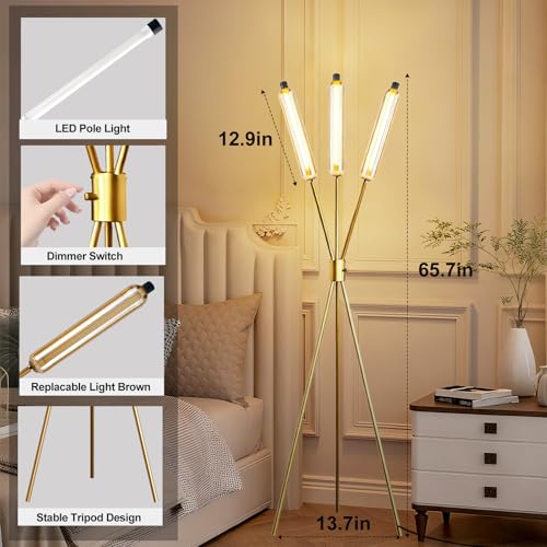 Image of Lightdot LED Tripod Floor Lamps for Living Room, Stepless Dimmable Modern Standing Tall Lamp with 360 LED LampHead,Mid Century Industrial Floor Lamp for Bedroom /Sofa Beside /Corner Decor-Gold