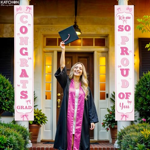 Image of KatchOn, Pink Congrats Grad Door Banner Bow Theme - Large 72x12 Inch, Pack of 2 | Congrats Grad class of 2026 | We Are Proud Of You Banner | Pink 2026 Graduation Decorations | Grad Party Decoration