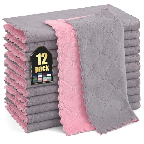 Homaxy 12 Pack Super Soft Dish Cloths, 10" x 10", Grey & Pink