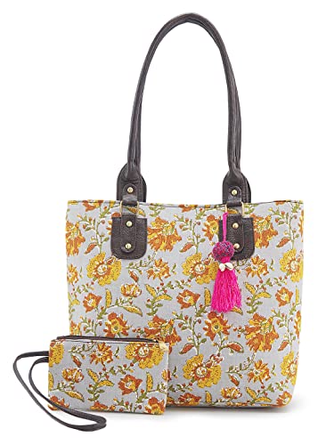 Image of NEPRI Office Pouch Tote Bag | Stylish Set of 2 Tote Bags for Women| Vegan Leather & Handblock Printed Fabric Handbag with Double Handle Shoulder Strap| Daily & Travel Use