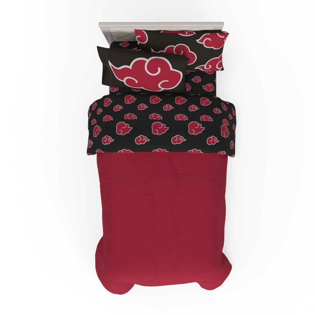 Franco Collectibles Naruto Anime Akatsuki Set de Ropa de Cama 5 Piezas, edredón Reversible Muy Suave con sábanas y Funda de Almohada, tamaño Individual (Producto con Licencia Oficial)