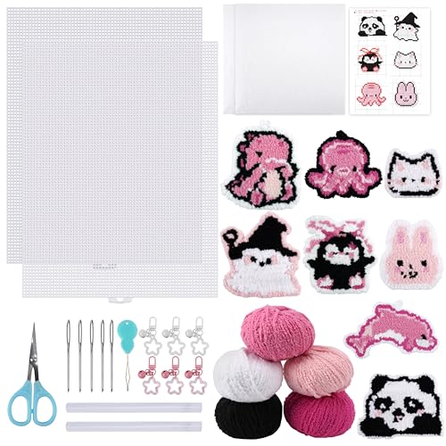 Alvian Mesh Plastic Canvas Sheets Kit Including 2 Pieces Big Clear Plastic Canvas Sheets 5 Color Fluffy Fuzzy Yarn and Embroidery Tools for Embroidery Plastics Canvas Craft