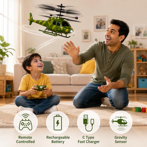Image of KIDZYMON New Age Technology RC Helicopter with USB Cable, Safety Sensor 3.1, Gravity 2.6, 3D Light, Charging Battery, Indoor and Outdoor Flying, Remote Battery not Included (Army)