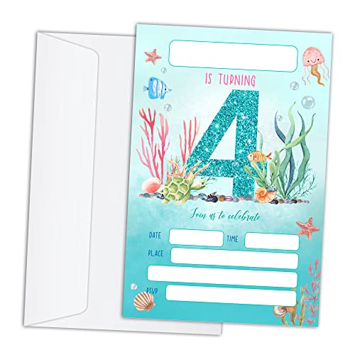 RLCNOT Birthday Invitations Cards with Envelopes Set of 20 - Ocean Under the Sea 4th Birthday Party Invitations for Kids, Boys or Girls, Kids Party Celebration, Supplies/BDAY058