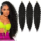 24inch Ocean Wave Braiding Hair Extensions 3packs Long Deep Curly Wave Braid Hair Synthetic Twist Ripple Crochet Deep Wave Braids Hair for Women 100g/pack(24',Natural black)