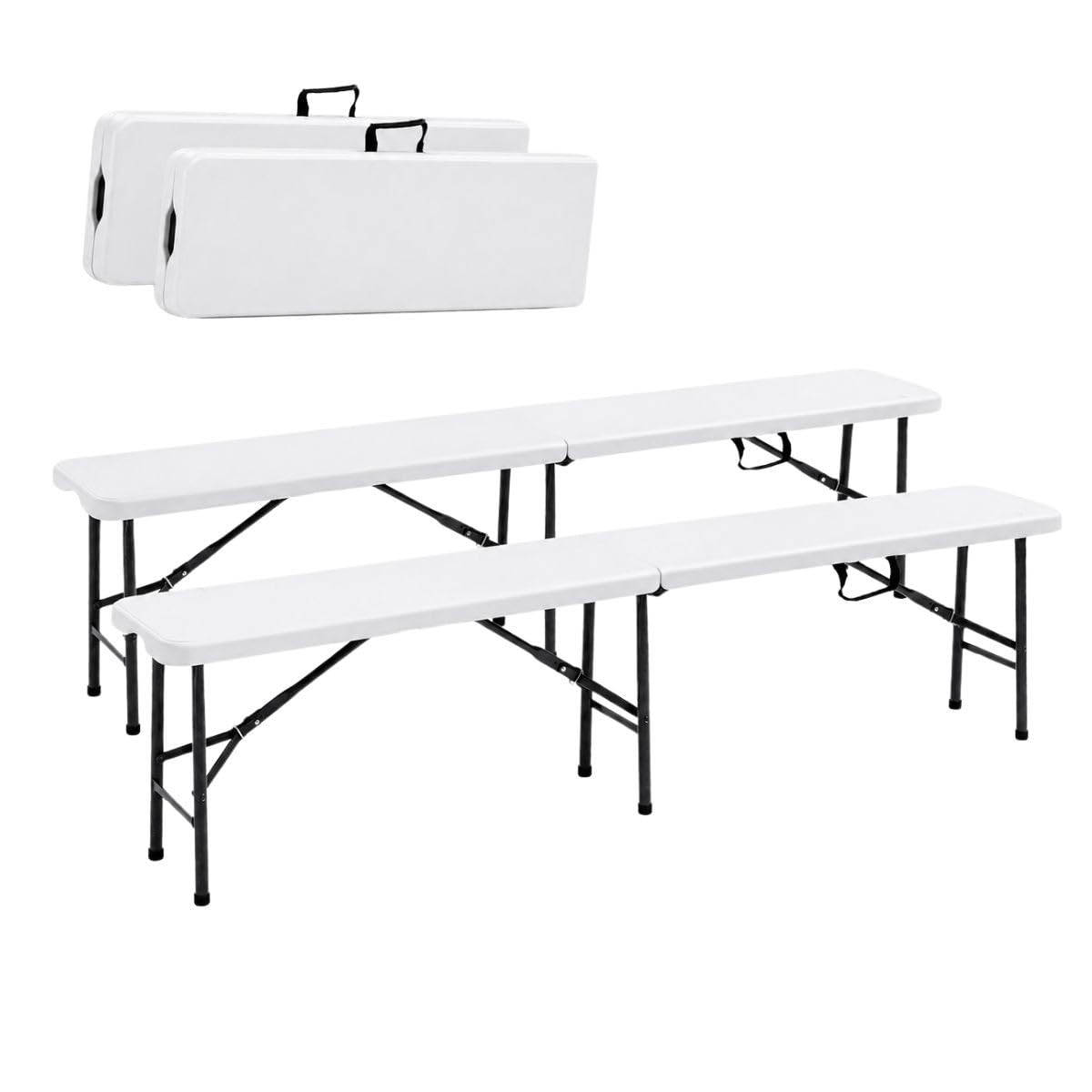 Lot de 2 Bancs de Jardin Pliables Blancs 180 x 28 x 43.5H cm Banc Exterieur Interieur Camping Réception