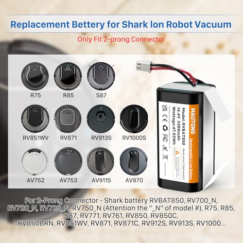 Image of RVBAT850 Battery Replacement for Shark Ion Vacuum, Compatible with Shark RVBAT850 Ion Battery RV1001AE R75 R85 R761 RV850 RV1000S RV1000VL RV700 N RV720 N(2-Prong Connector)
