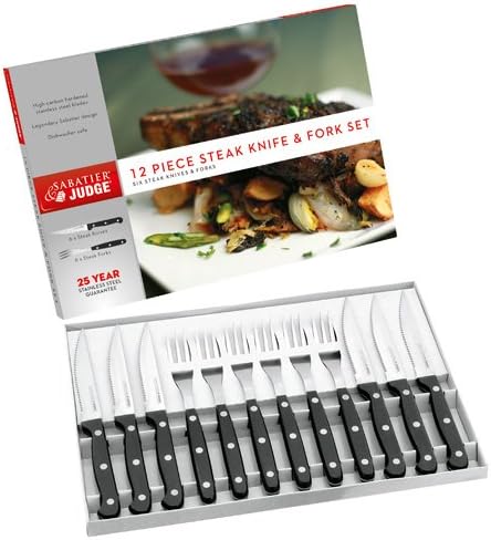Judge Sabatier IV42 Set of 6 Steak Knives and 6 Forks, High Grade Stainless Steel, Dishwasher Safe - 25 Year Guarantee