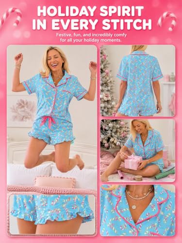 Image of KevaMolly Women Novelty Knotted Candy Cane Christmas Pajama Set | Christmas Floral Bow Print PJ Set, Button Lapel Knotted Drawstring Shorts with Convenient Side Pockets