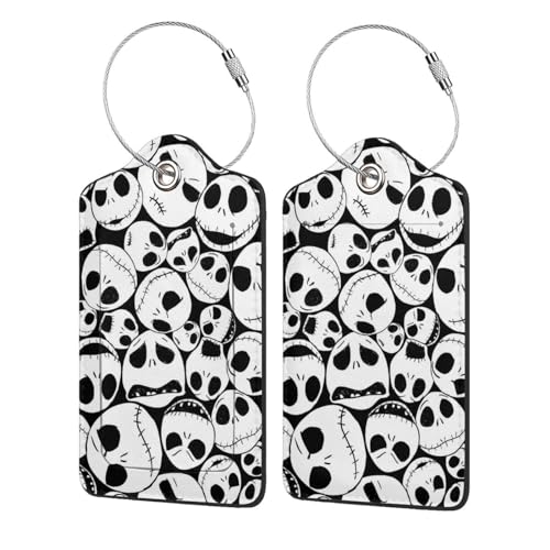 2 Pcs Luggage Tag for Suitcase, Halloween Skull PU Leather Baggage Tags Identifiers with Privacy Name Address Labels and Durable Steel Loop for Women Men Travel
