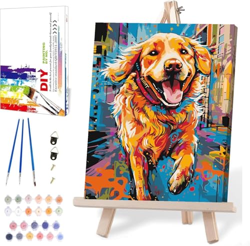 MIRCVSH Dog Paint by Numbers for Adults with Framed Canvas-with Wooden Easel,Paint by Number on Canvas,DIY Acrylic Oil Painting Kits with Brushes Nice Gift Box for Home Wall Decor(12x16 Inch)