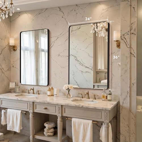 Image of 36 inchx24 inch Bathroom Vanity Mirror for Wall Aluminum Framed Farmhouse Rectangle | Anti-Rust, HD Reflection Anti-Desilvering, Distortion Free, Tempered and Shatter-Proof Wall Mounted Mirror, Black
