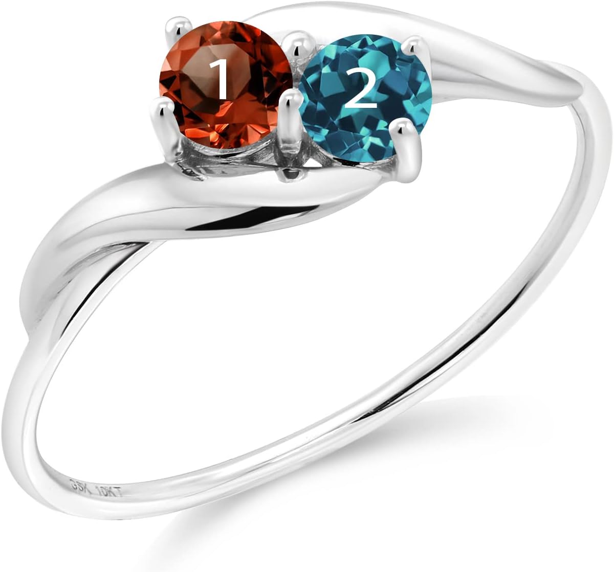 Gem Stone King 10K White Gold Customized Personalized 2 Round Gemstone Birthstone For Her Engagement Ring For Women | Wedding Anniversary Promise Gold Ring For Women | Size 5,6,7,8,9