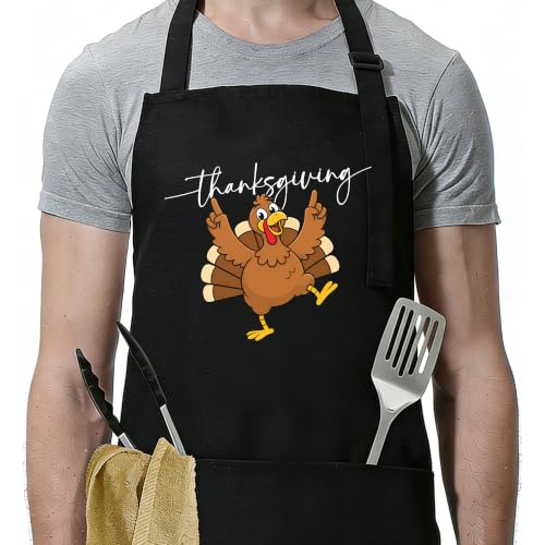 teloivrevlis Funny Aprons For Men-Thanksgiving Happy Turkey Apron With 2 Pockets & Adjustable Neck Strap - Thanksgiving Grilling Cooking BBQ Accessories, Gift For Dad Husband Chef - B04