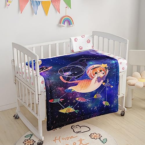 Image of Crib Set, 3-Piece Nursery Bed with Comforter Sheet & Crib Skirt: Galaxy Black, Orange, Cat, Fish Printed - Baby Boys and Girls