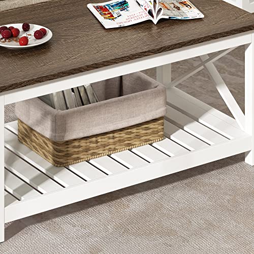 Choochoo Coffee Table, Rustic Farmhouse Table With Shelf For Living Room, Vintage Finish White #TOP5