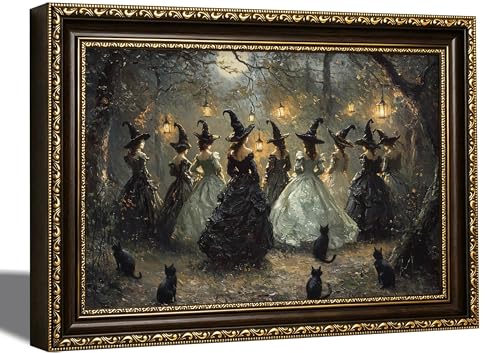 yunjulp Vintage Gold Framed, Halloween Picture, Midnight Gathering of Witches and Black Cats In The Forest Wall Art, Witchy Wall Decor, Gothic Dark Academia Print for Living Room Bedroom 12x16in