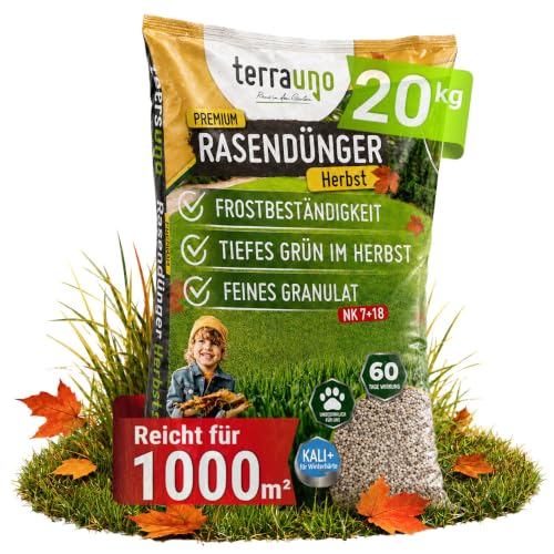 TerraUno Premium Herbstdünger Rasen, gesunder Rasen verdrängt Moos & Unkraut, Rasendünger Herbst mit 60 Tage Langzeitwirkung… – Ansicht 1