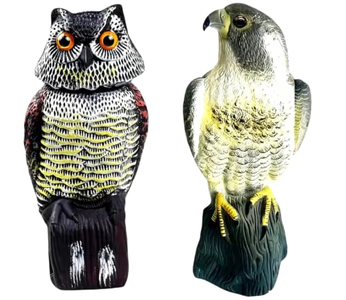 YAOSAN Hawk Decoy to Scare Birds Away - Owl & Hawk Garden Decoy Combo, 2X Protection Wind-Activated Bird Deterrent for Farms & Yards, 50% Larger Size (15")