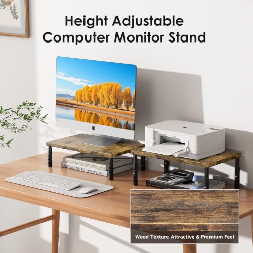 Image of ECOLOVI Adjustable Wood Computer Monitor Stand Riser, Office Desk Organizer and Accessories for Monitor, Laptop, PC, Printer, Office Desk Accessories Workspace Organizer for Home Office Supplies, Brown