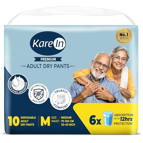 KareIn Premium Adult Diaper Pant M Size, Medium, Waist (76-114 cm 30'-45'), 10 Unit, Long Protection Hour, Unisex, Quick & Even Absorption, Anti-Bacterial, Leakproof, Odour Control, Wetness Indicator